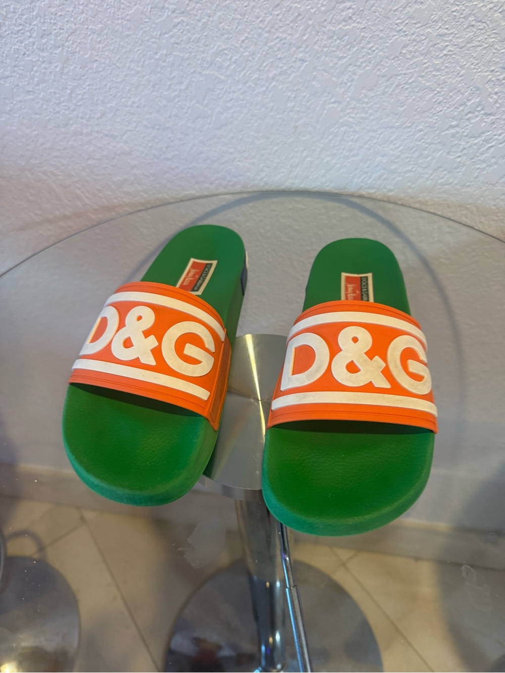 Dolce & Gabbana Green and Orange D&G Logo Slide Sandals